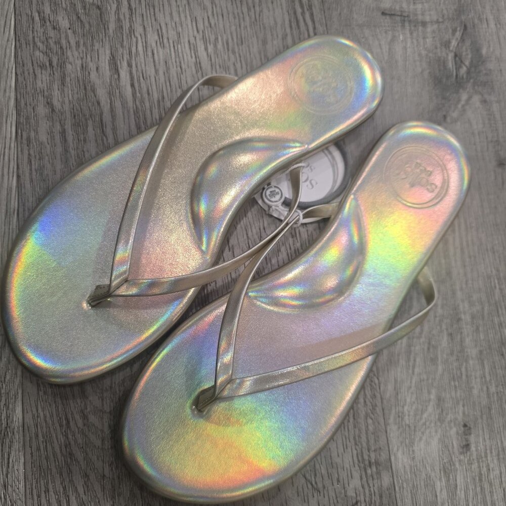Soléi Sea NWT holographic gold Iridescent Flip Flops Women Size 11 with hair tie - Picture 4 of 12